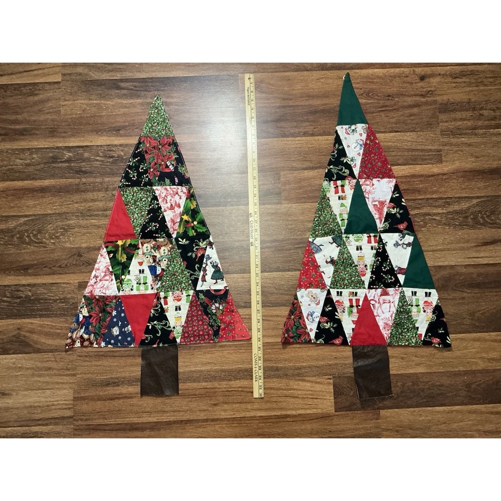 2pc Handmade Quilted Patchwork Christmas Tree Wall Hangings Festive Fabric